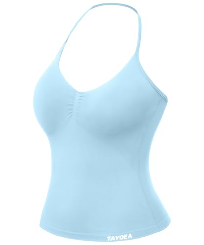 TAYOEA Tank Top Damen Bauchfreies Oberteil mit V-Ausschnitt Rückenfreies Crop Top mit Integriertem Pads Damen für Yoga Gym Hellblue,XS von TAYOEA