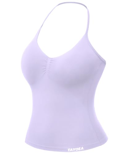 TAYOEA Tank Top Damen Bauchfreies Oberteil mit V-Ausschnitt Rückenfreies Crop Top mit Integriertem Pads Damen für Yoga Gym Hellviolett,S von TAYOEA