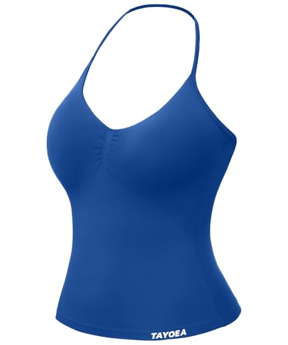 TAYOEA Tank Top Damen Bauchfreies Oberteil mit V-Ausschnitt Rückenfreies Crop Top mit Integriertem Pads Damen für Yoga Gym Navyblau,XS von TAYOEA