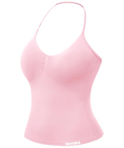 TAYOEA Tank Top Damen Bauchfreies Oberteil mit V-Ausschnitt Rückenfreies Crop Top mit Integriertem Pads Damen für Yoga Gym Rosa,XS von TAYOEA