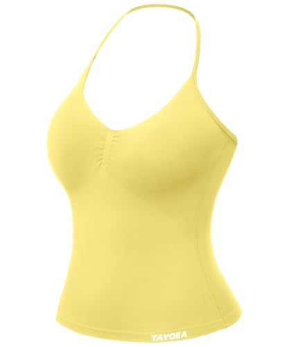 TAYOEA Tank Top Damen Bauchfreies Oberteil mit V-Ausschnitt Rückenfreies Crop Top mit Integriertem Pads Damen für Yoga Gym Zitronengelb,M von TAYOEA