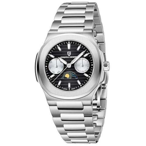 TAYSHILEY Quarz Damenuhren Luxus Edelstahl Wasserdicht Armbanduhr für Frauen Damen Armbanduhr Synthetischer Saphir Auto Datum Mondphase Wochenanzeige, Schwarz Pd-1786, Armband von TAYSHILEY