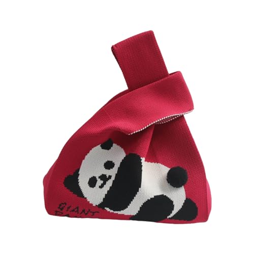 Kleine Damen-Tragetasche für Mädchen, weich, gestrickt, mit Griff, Cartoon-Panda-Druck, Handgelenk, Knoten, Geldbörsen und Handtaschen, R, 9.05x13.77in von TAZIZI