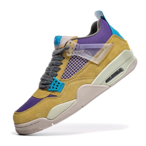 TBJ Air 4 Retro Sportschuhe Herren Damen | Skateboarding & Basketballschuhe | Bequeme Turnschuhe mit Hohem Komfor Gelb Violett EU45 von TBJ