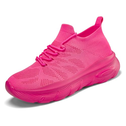 TBJ Damen Sneaker Übergrößen | Atmungsaktives Mesh Obermaterial | Elastische Strickbund mit Schnürung | Bequemschuh mit Hoher Elastizität für Weiten H | Sportliche Freizeitschuhe EU38 Rosenrot von TBJ