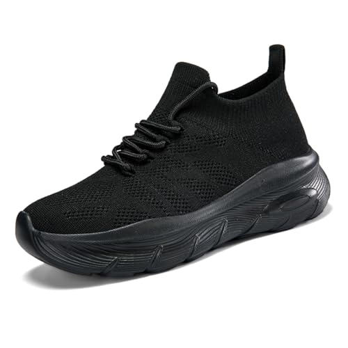 TBJ Damen Sneaker Übergrößen | Atmungsaktives Mesh Obermaterial | Elastische Strickbund mit Schnürung | Bequemschuh mit Hoher Elastizität für Weiten H | Sportliche Freizeitschuhe EU43 Schwarz von TBJ