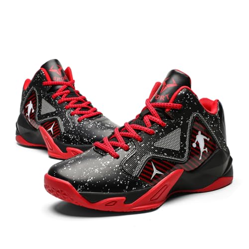TBJ Herren Damen Basketballschuhe | Atmungsaktive & rutschfeste Treter | Hallenschuhe Sportliche Basketball Sneaker für Erwachsene SchwarzRot EU38 von TBJ