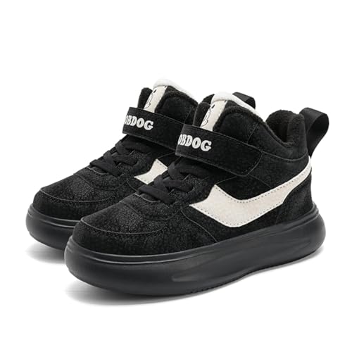 TBJ Kinder Winterstiefel mit Fellfutter, Warme Hohe Schneeschuhe mit Klettverschluss für Jungen und Mädchen, Weiche Wasserdichte Winterstiefel für Kinder Outdoor Aktivitäten EU28 SchwarzWeiß von TBJ