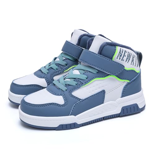 TBJ Kinder Winterstiefel mit Fellfutter, Warme Hohe Schneeschuhe mit Klettverschluss für Jungen und Mädchen, Weiche Wasserdichte Winterstiefel für Kinder Outdoor Aktivitäten EU28 Weißblau von TBJ