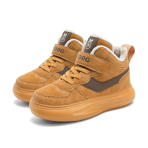 TBJ Kinder Winterstiefel mit Fellfutter, Warme Hohe Schneeschuhe mit Klettverschluss für Jungen und Mädchen, Weiche Wasserdichte Winterstiefel für Kinder Outdoor Aktivitäten EU32 Braun von TBJ