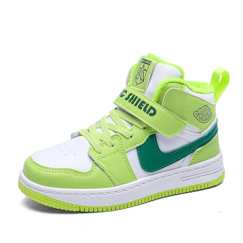 TBJ Kinder Winterstiefel mit Fellfutter, Warme Hohe Schneeschuhe mit Klettverschluss für Jungen und Mädchen, Weiche Wasserdichte Winterstiefel für Kinder Outdoor Aktivitäten EU33 WeißGrün von TBJ