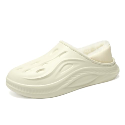 TBJ Warme Hausschuhe mit Flor, wasserfeste Küchenschuhe für Indoor & Outdoor, rutschfeste Pantoffeln mit strapazierfähiger Sohle，EU38-39，BeigeWeiß von TBJ