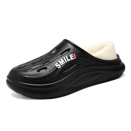 TBJ Warme Hausschuhe mit Flor, wasserfeste Küchenschuhe für Indoor & Outdoor, rutschfeste Pantoffeln mit strapazierfähiger Sohle，EU44-45 schwarz- von TBJ