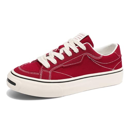 Unisex Leinenschuhe Canvas Sneaker Low Top - Leichte Freizeitschuhe mit Rundem Zeh - Modische Trend Schuhe für Damen und Herren - Bequeme Alltagsschuhe EU39 Weiß Rot von TBJ