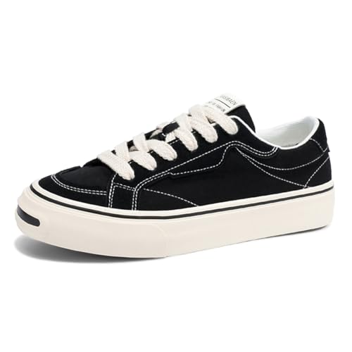 Unisex Leinenschuhe Canvas Sneaker Low Top - Leichte Freizeitschuhe mit Rundem Zeh - Modische Trend Schuhe für Damen und Herren - Bequeme Alltagsschuhe EU42 Schwarz- von TBJ