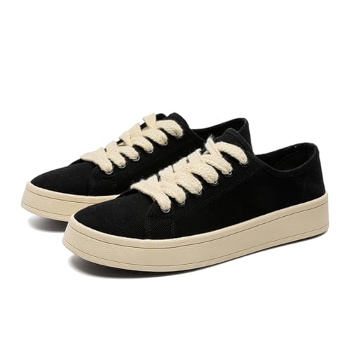 Unisex Leinenschuhe Canvas Sneaker Low Top - Leichte Freizeitschuhe mit Rundem Zeh - Modische Trend Schuhe für Damen und Herren - Bequeme Alltagsschuhe EU43.Schwarz von TBJ