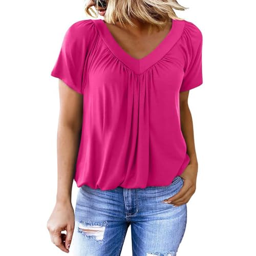 2025 Neu T Shirt Damen Tshirt mit V-Ausschnitt Kurzärmeliges Casual Lockere Sommer T Shirts Bluse (DE/NL/SE/PL, Alphanumerisch, 3XL, Regular, Regular, Rot) von TBLMPNE