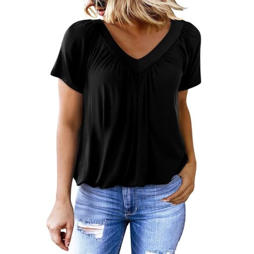 2025 Neu T Shirt Damen Tshirt mit V-Ausschnitt Kurzärmeliges Casual Lockere Sommer T Shirts Bluse (DE/NL/SE/PL, Alphanumerisch, 4XL, Regular, Regular, Schwarz) von TBLMPNE