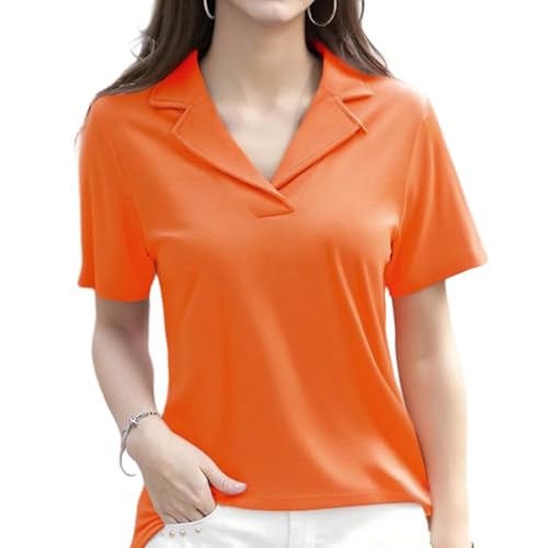Shirts Damen Sommer Poloshirt T Shirt Damen Tshirt mit V-Ausschnitt Kurzärmeliges Casual Lockere Sommer T Shirts Bluse (DE/NL/SE/PL, Alphanumerisch, XXL, Regular, Regular, Orange) von TBLMPNE