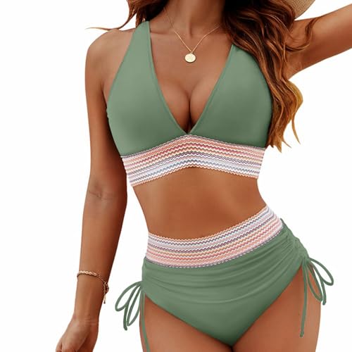 TBLMPNE 2025 Neu Bikini Damen Set Sexy Badeanzug Bademode Hohe Taille Farbblock Zweiteiliger Kordelzug Badeanzüge Bikinis Swimsuit (DE/NL/SE/PL, Alphanumerisch, S, Regular, Regular, Grün) von TBLMPNE