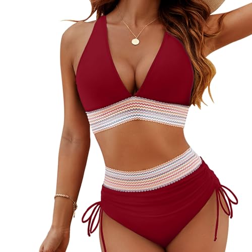 TBLMPNE 2025 Neu Bikini Damen Set Sexy Badeanzug Bademode Hohe Taille Farbblock Zweiteiliger Kordelzug Badeanzüge Bikinis Swimsuit (DE/NL/SE/PL, Alphanumerisch, S, Regular, Regular, Rot) von TBLMPNE