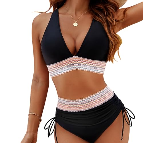 TBLMPNE 2025 Neu Bikini Damen Set Sexy Badeanzug Bademode Hohe Taille Farbblock Zweiteiliger Kordelzug Badeanzüge Bikinis Swimsuit (DE/NL/SE/PL, Alphanumerisch, S, Regular, Regular, Schwarz) von TBLMPNE