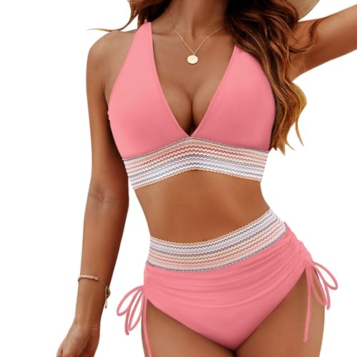 TBLMPNE Bikini Damen Set 2025 Neu Sexy Badeanzug Bademode Hohe Taille Farbblock Zweiteiliger Kordelzug Badeanzüge Bikinis Swimsuit (DE/NL/SE/PL, Alphanumerisch, 3XL, Regular, Regular, Rosa) von TBLMPNE