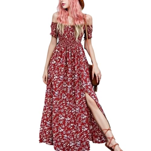 TBLMPNE Sommerkleid Damen 2025 Neu Boho Kleid Damen Elegant Blumenmuster Leicht Kleid Strandkleid Fließend Maxikleid (DE/NL/SE/PL, Alphanumerisch, 3XL, Regular, Regular, Rot) von TBLMPNE