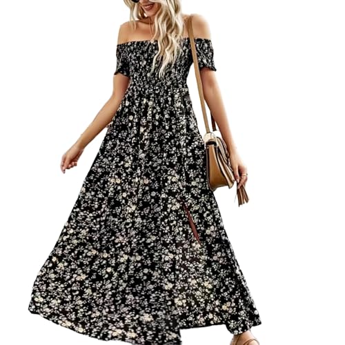 TBLMPNE Sommerkleid Damen 2025 Neu Boho Kleid Damen Elegant Blumenmuster Leicht Kleid Strandkleid Fließend Maxikleid (DE/NL/SE/PL, Alphanumerisch, M, Regular, Regular, Schwarz) von TBLMPNE