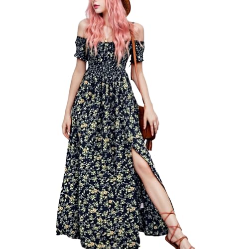 TBLMPNE Sommerkleid Damen 2025 Neu Boho Kleid Damen Elegant Blumenmuster Leicht Kleid Strandkleid Fließend Maxikleid (DE/NL/SE/PL, Alphanumerisch, XXL, Regular, Regular, Dunkelblau) von TBLMPNE