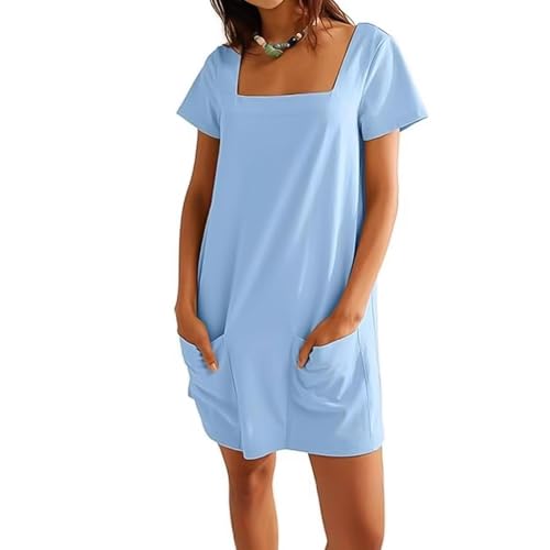 TBLMPNE Sommerkleid Damen 2025 Neu Leicht Elegant Kleider Damen Sommer Freizeitkleider mit Taschen (DE/NL/SE/PL, Alphanumerisch, XXL, Regular, Regular, Blau) von TBLMPNE