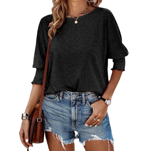 Tshirt Damen 2025 Neu T Shirt Damen Oberteile Rundhals Basic Tops Mode Lockere Elegant Blusen (DE/NL/SE/PL, Alphanumerisch, M, Regular, Regular, Schwarz) von TBLMPNE