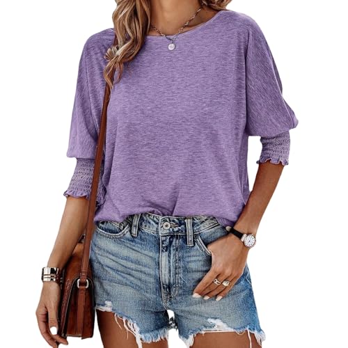 Tshirt Damen 2025 Neu T Shirt Damen Oberteile Rundhals Basic Tops Mode Lockere Elegant Blusen (DE/NL/SE/PL, Alphanumerisch, XL, Regular, Regular, Violett) von TBLMPNE