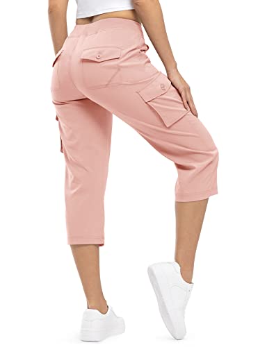 TBMPOY Damen-Cargo-Caprihose, leicht, schnelltrocknend, lässig, für Outdoor-Reisen, lockere Shorts, kurze Baumwolle, 6 Taschen, Pink, M von TBMPOY