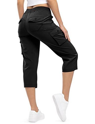 TBMPOY Cargo-Caprihose für Damen, leicht, 6 Taschen, schnell trocknend, lässig, Outdoor, Ausflüge, lockere Shorts, kurze Baumwolle, kurze Hose, Schwarz, Groß von TBMPOY