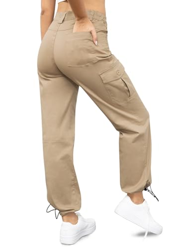 TBMPOY Damen-Cargohose, hohe Taille, Wandern, lässig, weite Beine, 6 Taschen, Outdoor-Ausflüge, lockere Baumwollhose, Khaki, Groß von TBMPOY