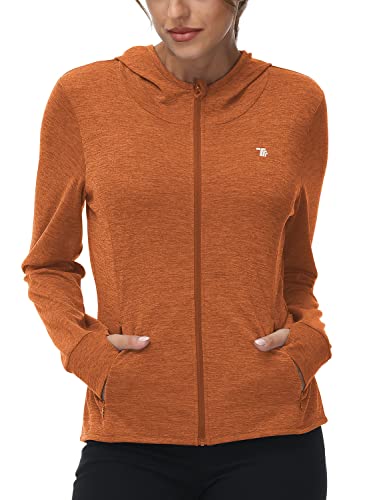 TBMPOY Damen-Kapuzenjacke, LSF 50+, leicht, langärmelig, zum Wandern, Outdoor, durchgehender Reißverschluss, 9-orange, Klein von TBMPOY