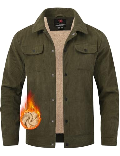 TBMPOY Herren Cordjacke Fleece Sherpa Gefüttert Wintermantel Warm Trucker Arbeit Casual Cargo Jacken mit 5 Taschen, Grün (Army Green), L von TBMPOY