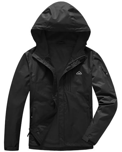 TBMPOY Herren Leichte Regenjacken Wasserdicht mit Kapuze Casual Windbreaker Outdoor Regenmantel Isolierte Schale, schwarz, X-Large von TBMPOY