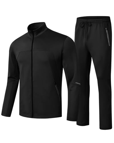 TBMPOY Herren-Trainingsanzüge, Sweatanzüge für Herren, Sweat-Trainingsanzüge, 2-teilig, lässig, athletisch, Joggingoutfits, durchgehender Reißverschluss, 04 Schwarz, Small von TBMPOY