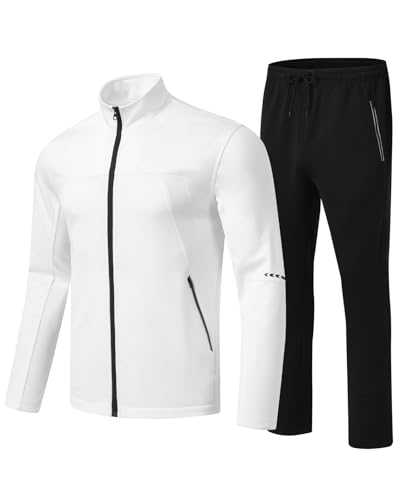 TBMPOY Herren-Trainingsanzüge, Sweatanzüge für Herren, Sweat-Trainingsanzüge, 2-teilig, lässig, athletisch, Joggingoutfits, durchgehender Reißverschluss, 04 Weiß, X-Large von TBMPOY