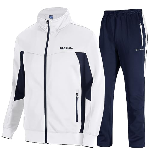 TBMPOY Herren Trainingsanzug Athletic Sport Casual Full Zip Sweatsuit, 03 White+Darl Blue, Medium von TBMPOY