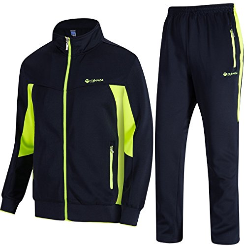 TBMPOY Herren Trainingsanzug Sportlich Sport-beiläufige Full Zip Sweatsuit X-Large 01 Marine + fluoreszierendes Grün von TBMPOY