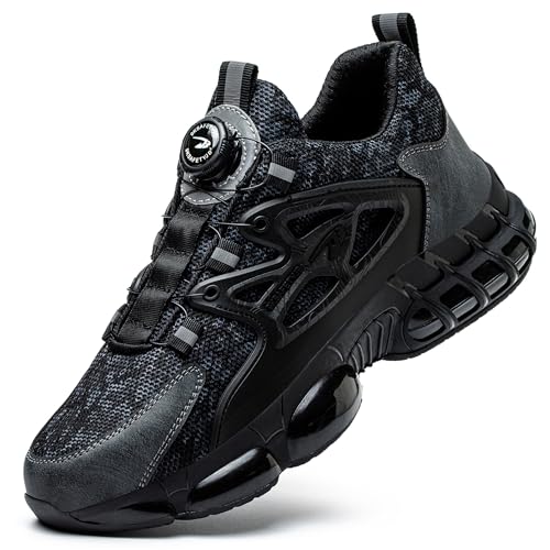 TBNOI Arbeitsschuhe Herren Damen Leicht Sicherheitsschuhe Sportlich Atmungsaktive Stahlkappenschuhe Luftkissen U66/Schwarz-Grau 45 von TBNOI