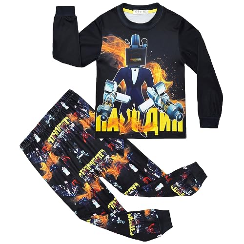 TBNRFrags Jungen Pyjamas Skibidiis Toiletten Jungen Schlafanzug Langarm Homewear 2 Teile/Set Spiel Pjs Kinder Cartoon Nachtwäsche, Schwarz , 7-8 Jahre von TBNRFrags