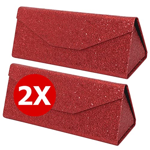 TBOC Faltbar Brillenetui für Sonnenbrille - [Pack: 2 Einheiten] [Rot Glitzer] Hartschale [Dreieckige] Tasche [Magnetverschluss] Innenfutter Lesebrille Groß Leicht Auto Tasche Dame Herr Kind von TBOC