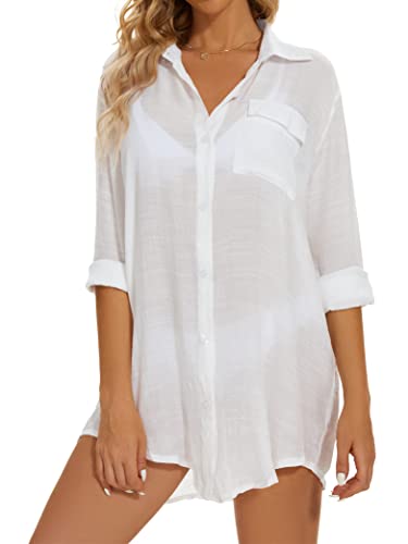 TBONTB Damen Strandhemd Bikini Badeanzug Cover Up Button Down Kragen Blusen, Weiss/opulenter Garten, Large von TBONTB