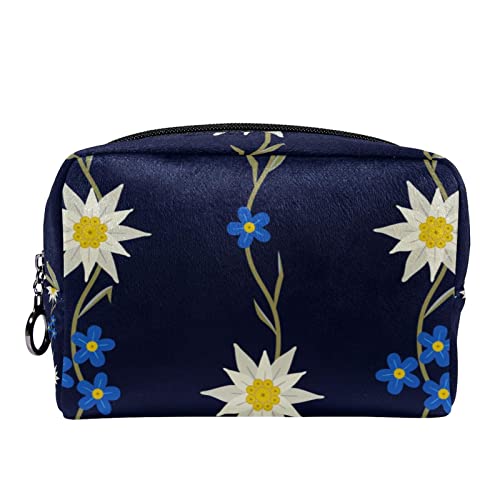 Geschenke für Männer Frauen Make-up Taschen Kulturbeutel Kleine KosmetiktaschenWeiße, marineblaue Blume im Retro Stil von TBOUOBT