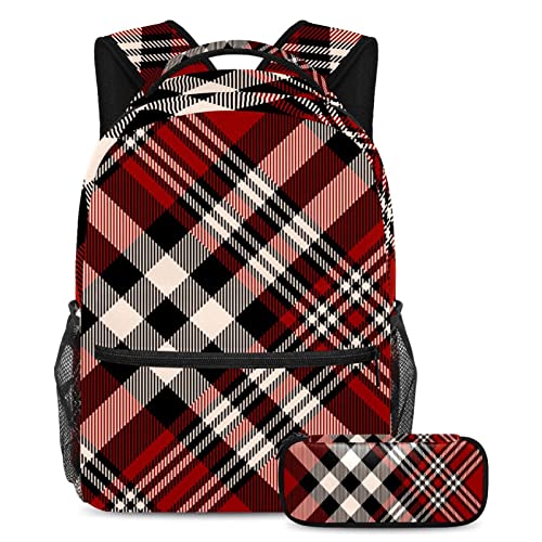 Reiserucksack-Set, leichter Laptop-Rucksack für Damen und Herren,Rot Schwarz Gitter Plaid Grid Vintage von TBOUOBT