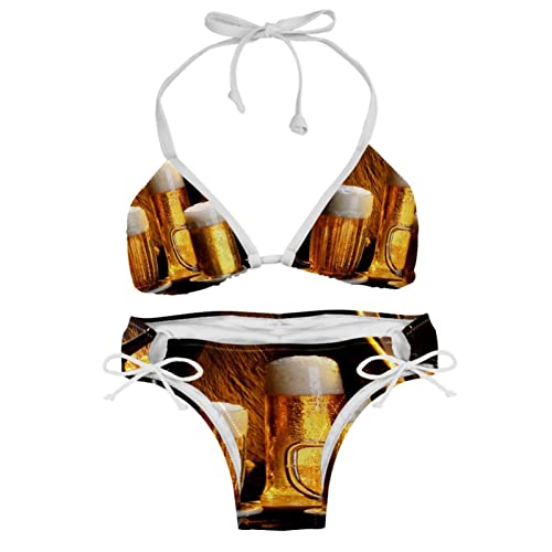TBOUOBT Frauen 2 Stück Badeanzug Bademode Neckholder String Triangle Bikini Sets,Bier Muster von TBOUOBT